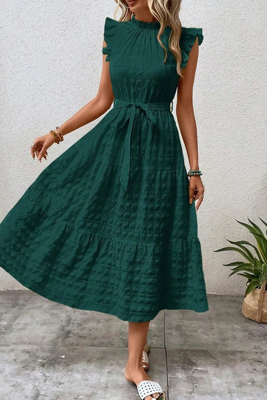 Tied Ruffled Cap Sleeve Midi Dress 