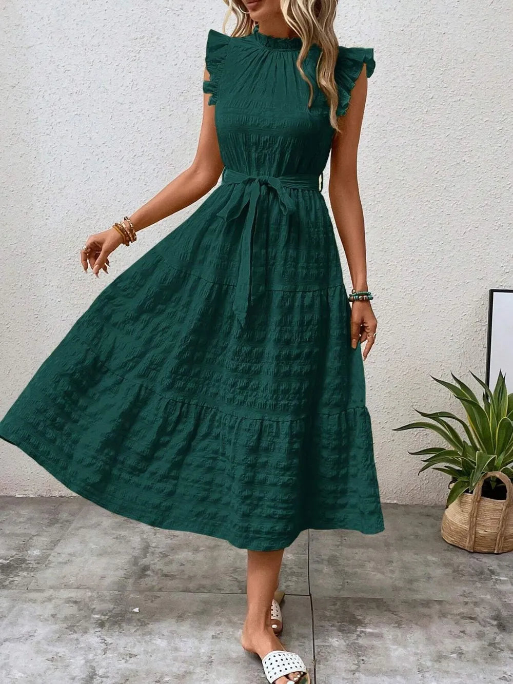 Tied Ruffled Cap Sleeve Midi Dress 