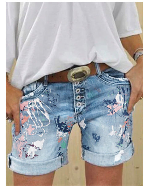 High-Waisted Elastic Printed Women's Denim Shorts with Button Closure, Large Size, Fashionable Design 