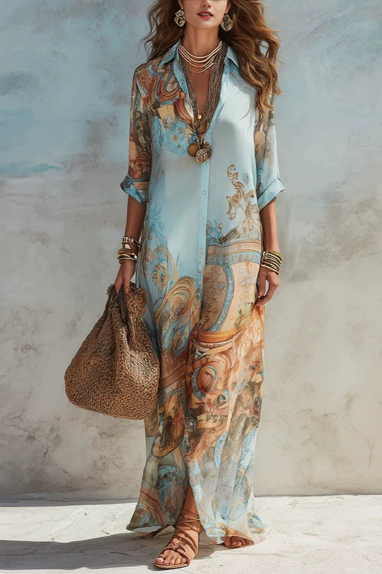 Blue Tone Printed Chiffon Turn-down Collar Split Resort Beach Dress 