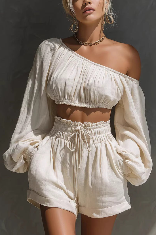 Shoulder long sleeved short top+high waisted casual shorts set for women 