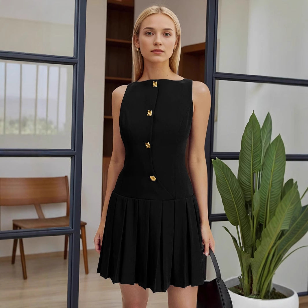 Wrinkled waist cinching solid color sleeveless short dress 