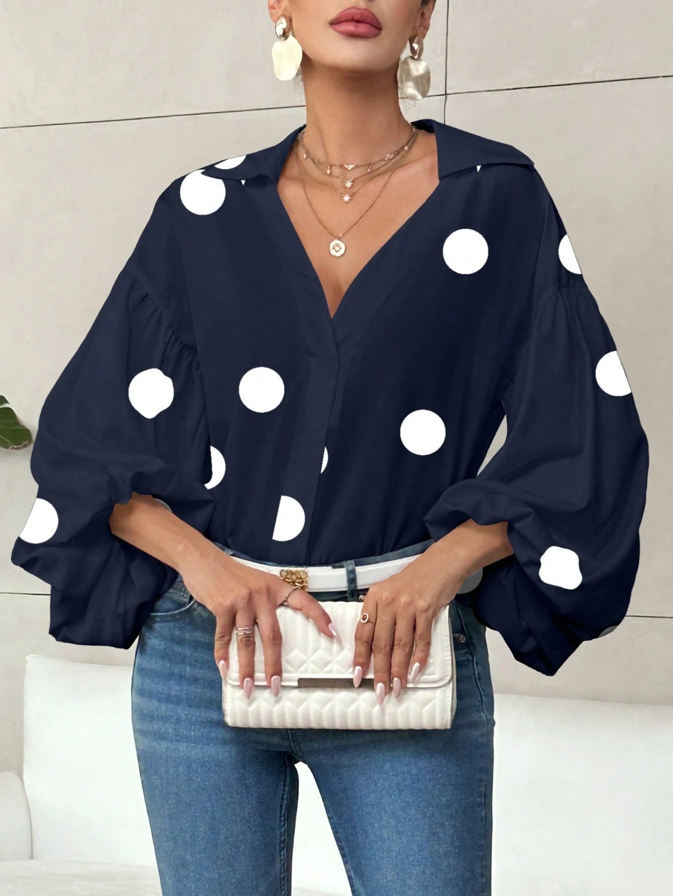 Polka Dot Half-Open Neck Loose Bubble Sleeve Long Sleeve Top 