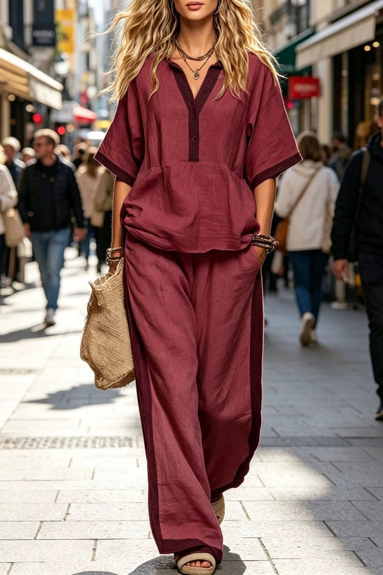 Casual Loose Solid Color Top with V-Neck and Three-Quarter Sleeves  Elastic Waist Loose Wide-Leg Pants Solid Color Set for Women 