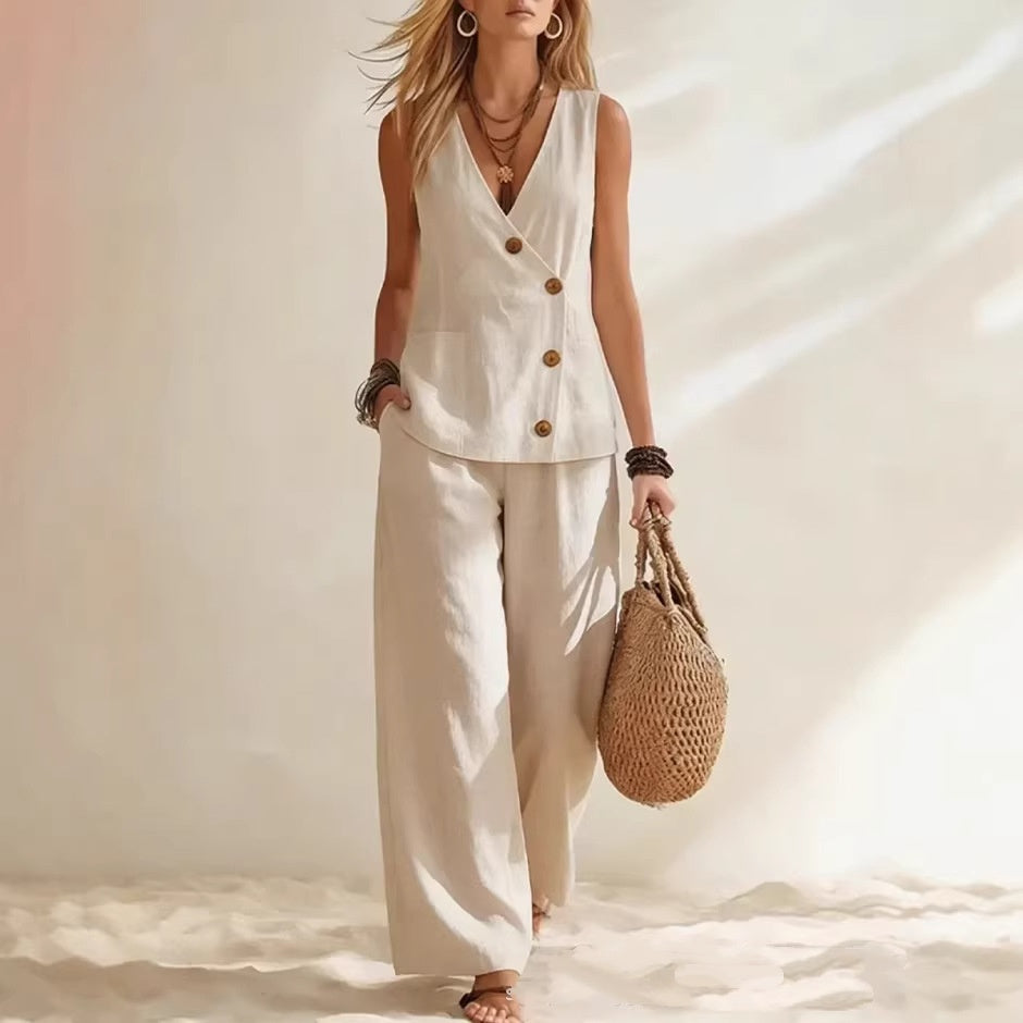 Women's Button Up Cardigan Vest Pants Set 