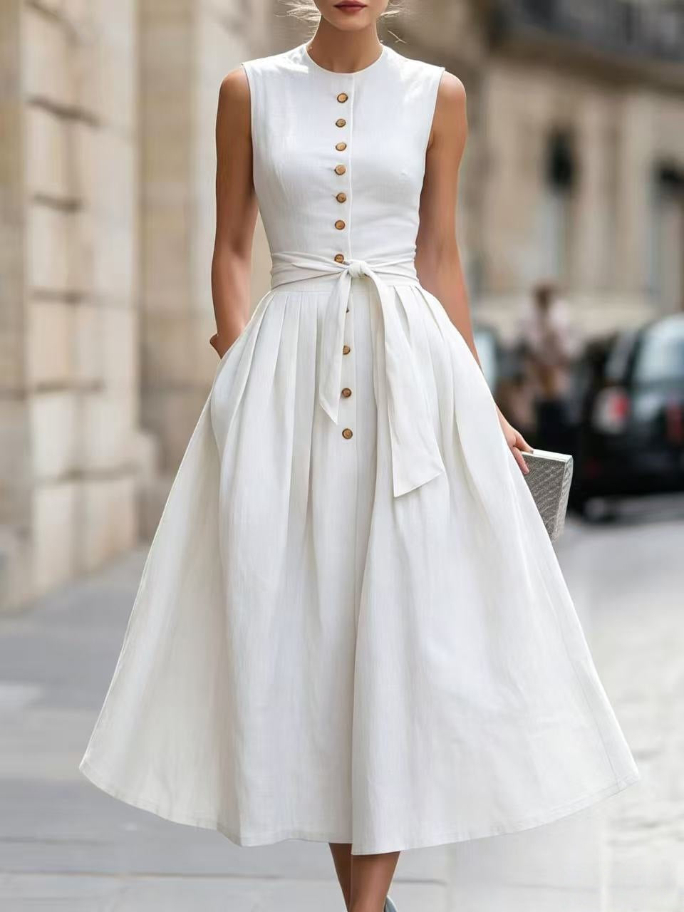 Fitted-waist, Sleeveless Cotton-linen Solid-color Maxi Dress 
