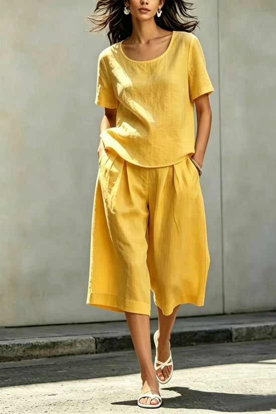 Cotton-linen Casual Loose-fitting Short-sleeve Top And Shorts Set 