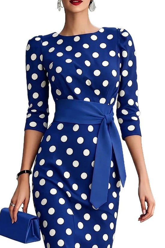 Retro Polka-dot Navy Blue Belted Waist-hugging Elegant Dress 