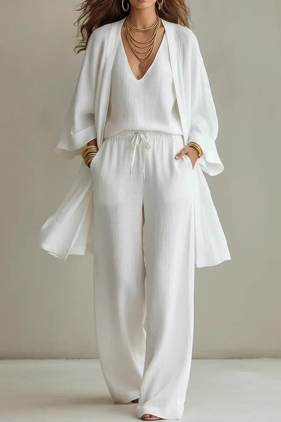 Womens Solid Color V-Neck Cardigan Vest With Pockets And Long Pants Three-Piece Set 