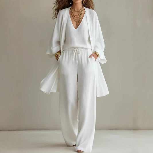 Womens Solid Color V-Neck Cardigan Vest With Pockets And Long Pants Three-Piece Set 