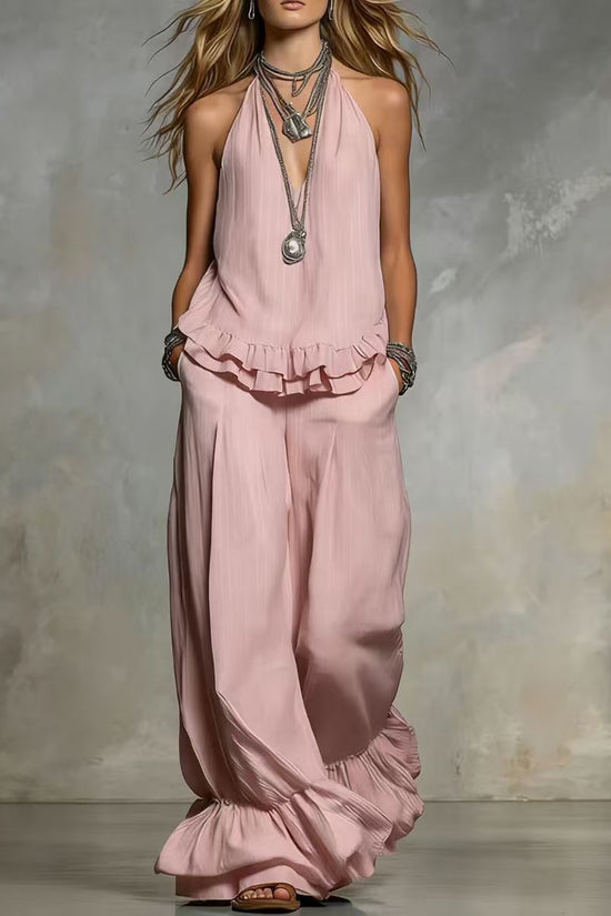 Women's Casual V-Neck Fashionable Ruffle Trim Set 