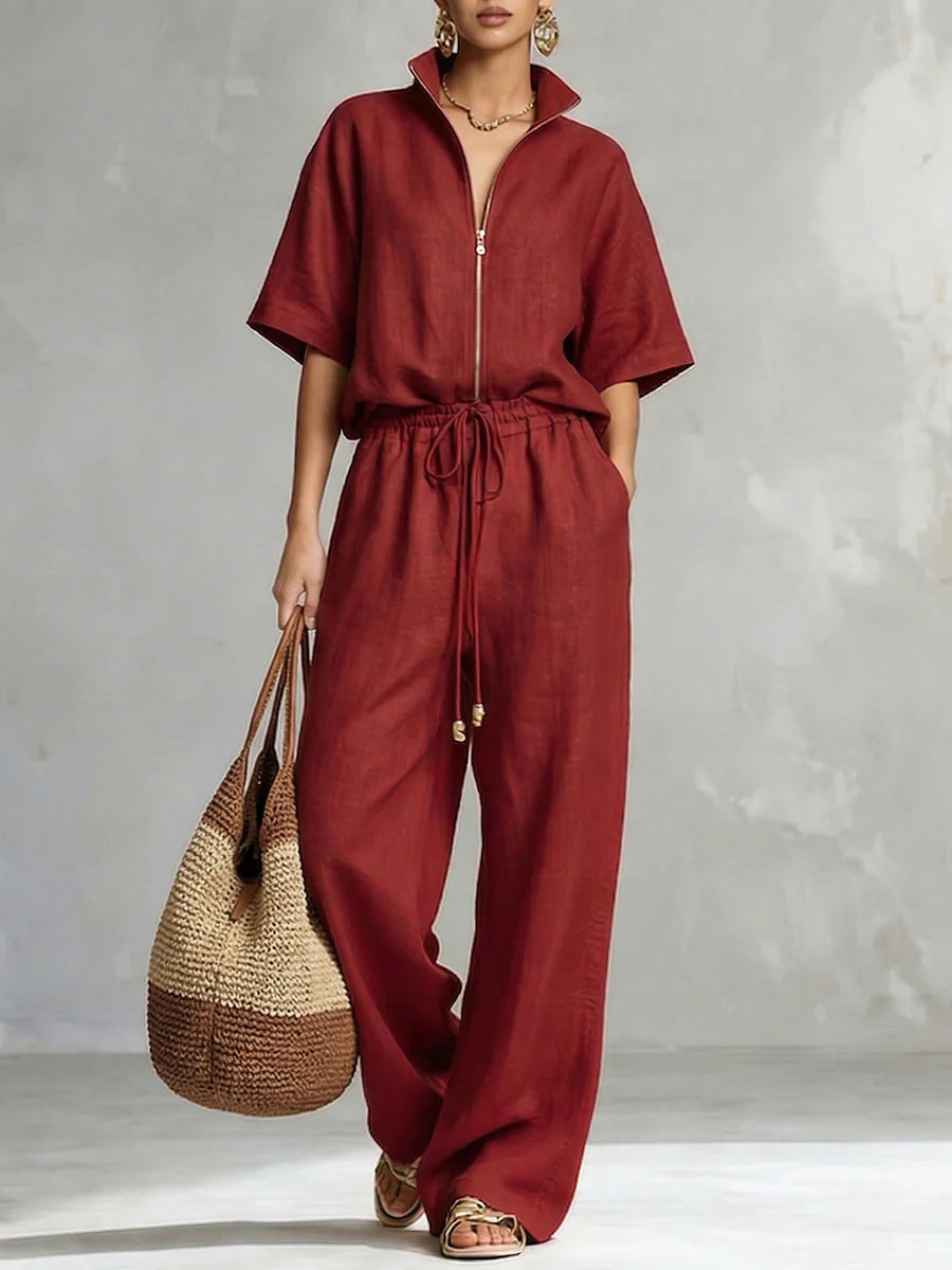 Womens Casual Loose Solid-Color Zip-Up Crew-Neck Wide-Leg Pants Set 