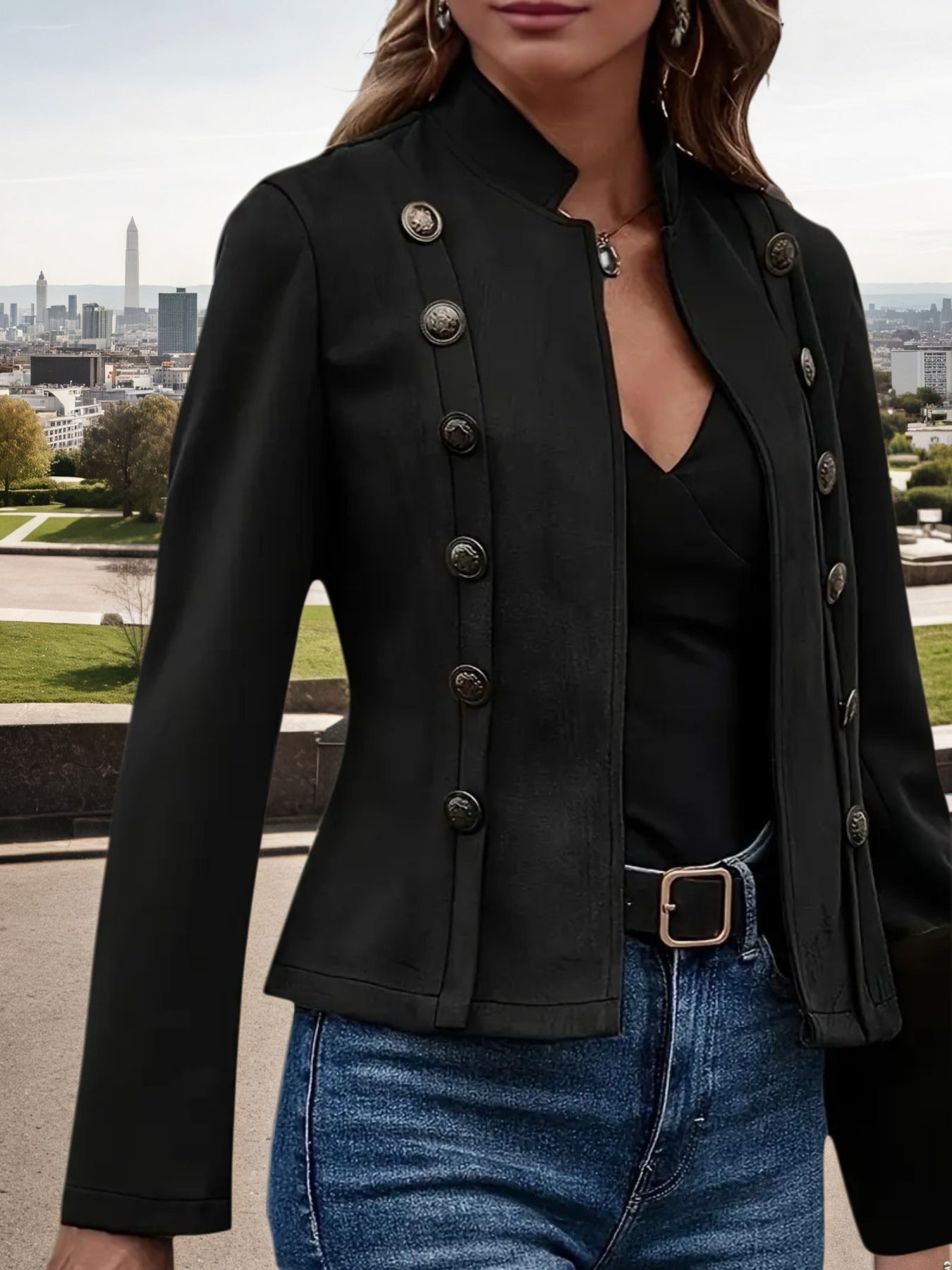 2025 New Women's Fashion Casual Women's Jacket, Solid Color Double Breasted Decorative Jacket, Spring And Autumn Retro Long Sleeve Jacket, Women's Clothing CJ US