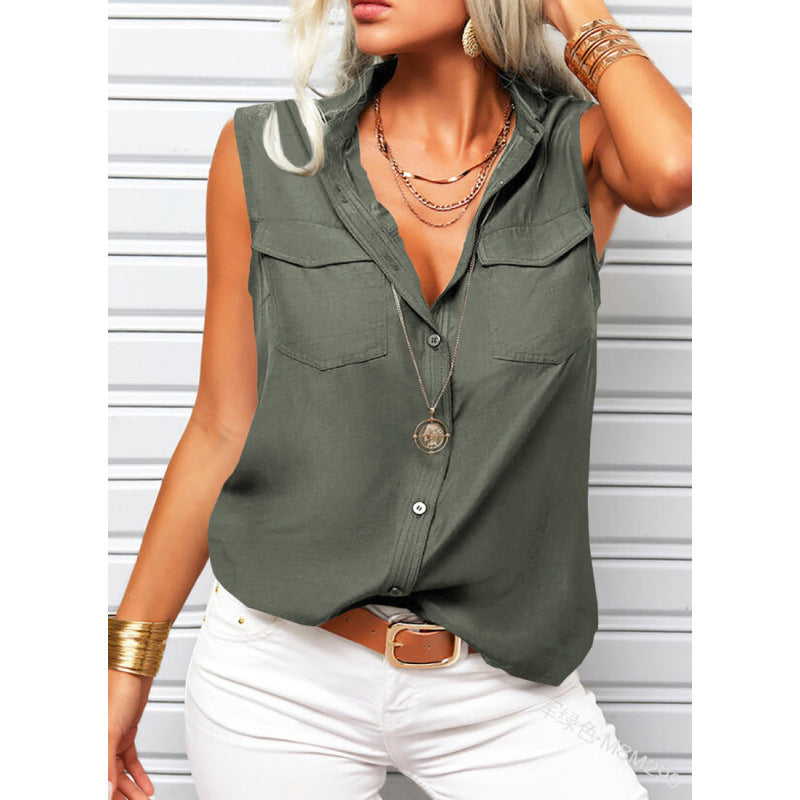 Solid-color Lapel-collar Loose-fit Sleeveless Top With Pockets 