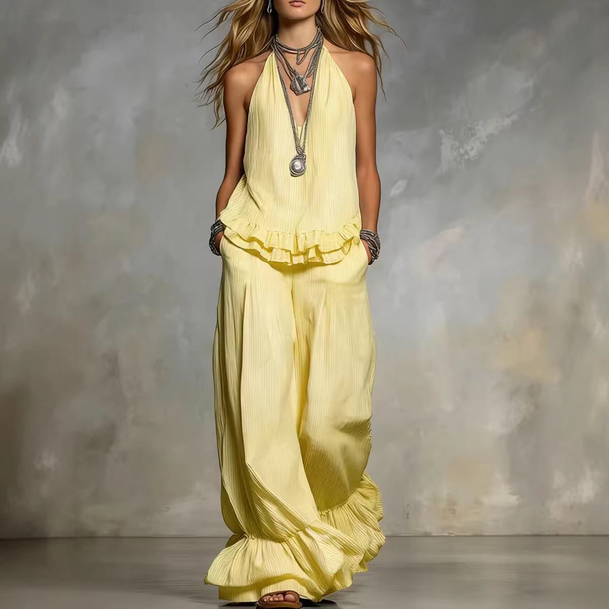 Women's Casual V-Neck Fashionable Ruffle Trim Set 