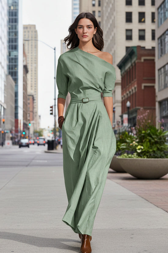 Slanted Shoulder Waist Long Dress 