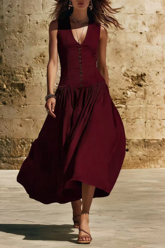 V-Neck Buttoned Chic Elegant Sleeveless Cotton-Linen Dress 