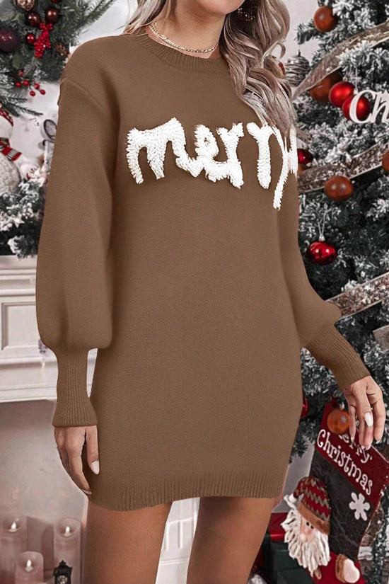 Women's Knitted Round Neck Lantern Sleeve Pullover Sheath Dress CJ