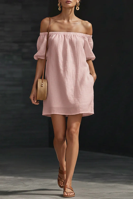 Cotton-linen Womens Off-shoulder Fashionable Loose-fitting Dress 
