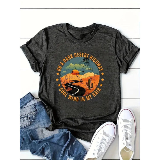 Retro Desert Highway T-Shirt - Casual Short Sleeve Tee Tops CJ US