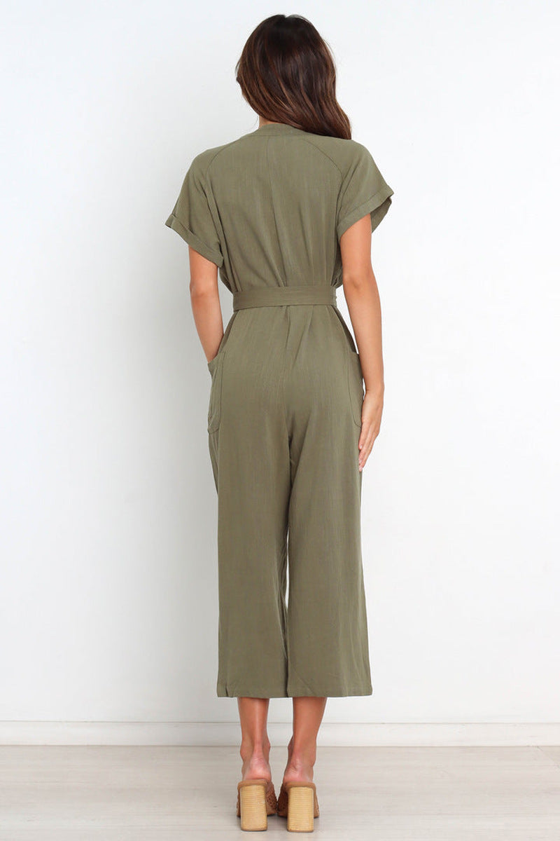 V-neck Cropped Wide-leg Jumpsuit For Women 
