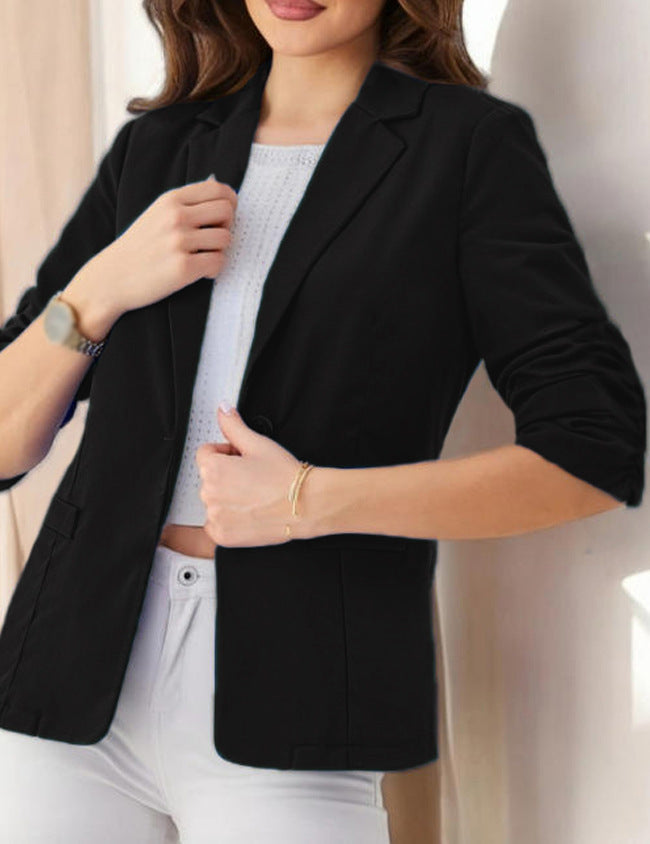 Three-quarter-sleeve Pleated Slim-fit Womens Office Blazer 