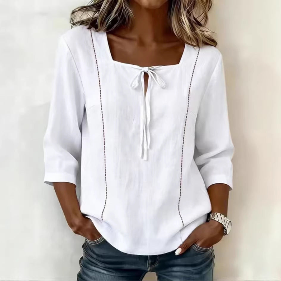Printed Lace-Up Square-Neck Mid-Sleeve Womens Shirt 