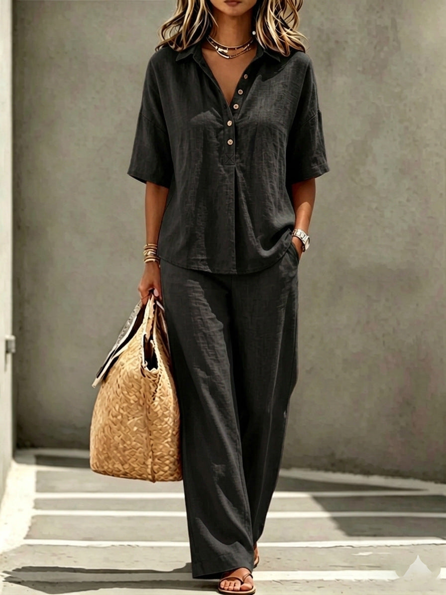 Womens Polo-Neck Button-Up Top And Wide-Leg Pants Two-Piece Set 