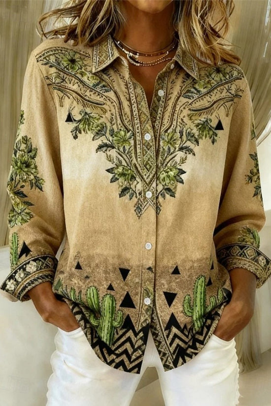 Womens Loose-Fitting Long-Sleeve Lapel-Neck Printed Shirt 