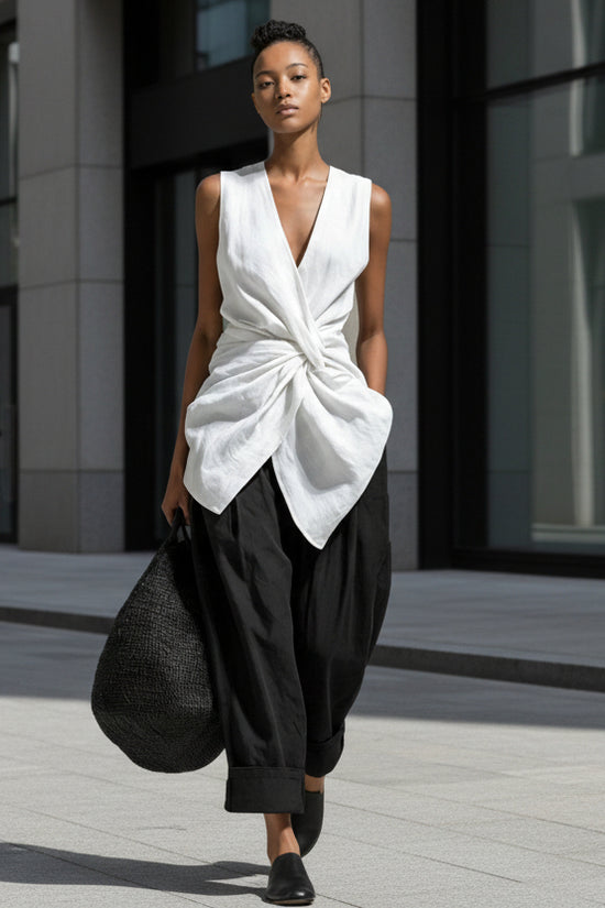 Waist-cinching Tie-front V-neck Sleeveless Top Wide-leg Pantsuit 