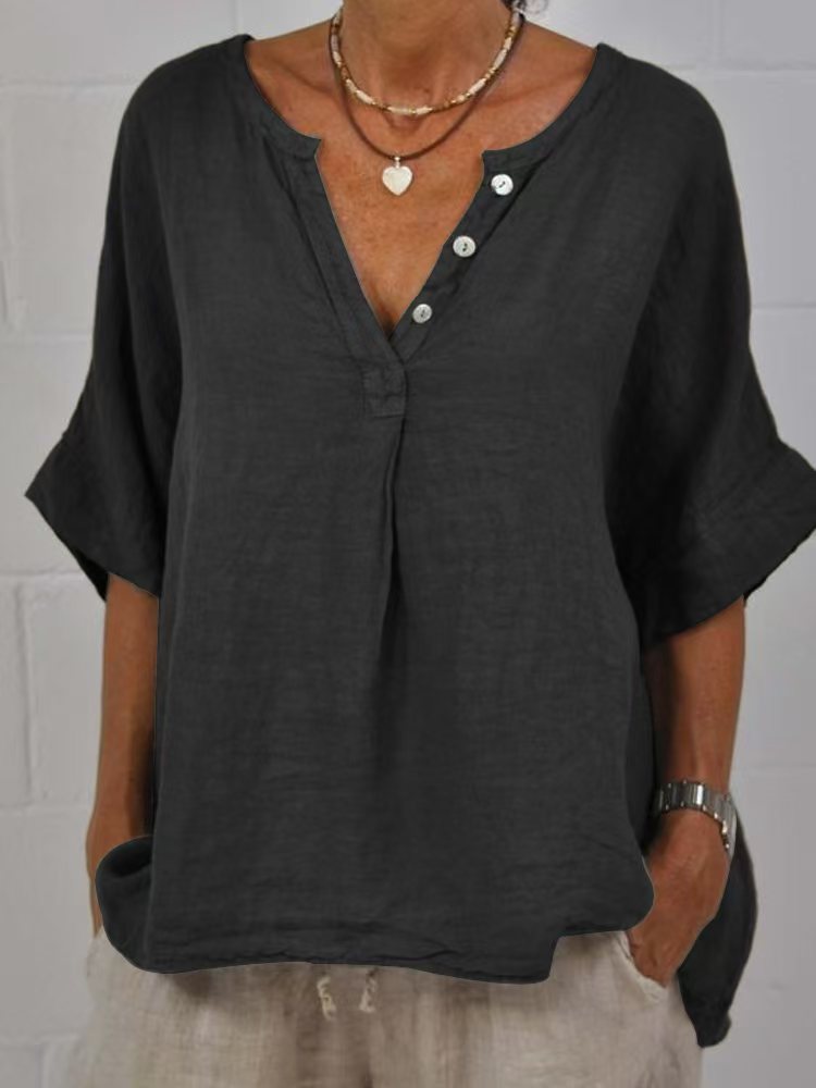 Cotton-linen Solid-color Door-cuff V-neck Button-up Shirt 