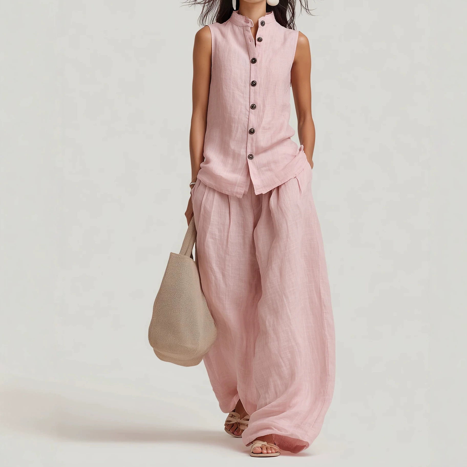 Womens Casual Cotton-Linen Sleeveless Crew-Neck Vest Top And Pants Two-Piece Set 