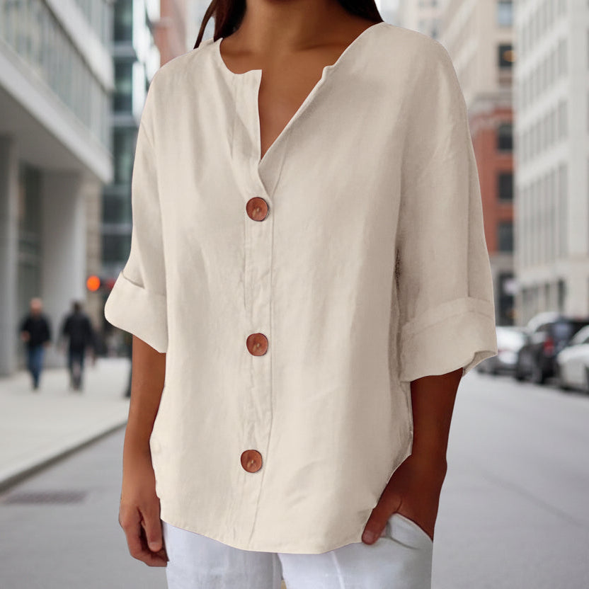 Women's V-neck cotton and linen buttoned blouse 