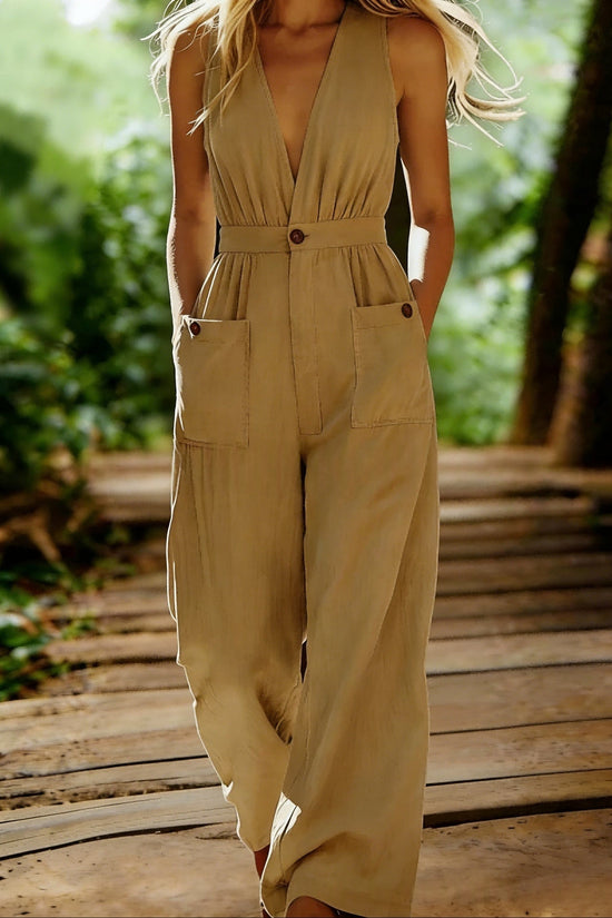 Loose-fit Casual V-neck Sleeveless Solid-color Wide-leg Jumpsuit With Pockets 