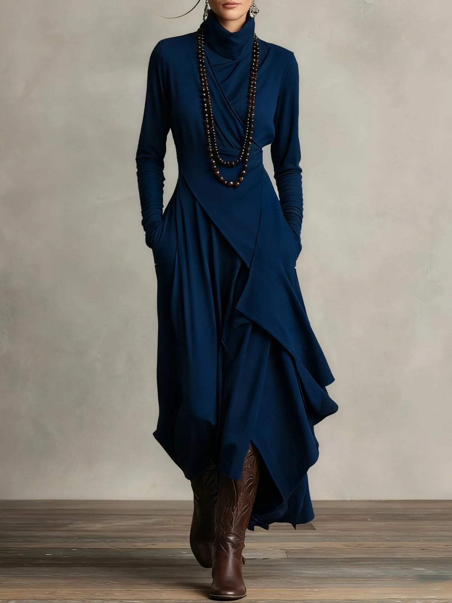 Solid Color Long Sleeve Cross Wrap High Neck Maxi Dress 