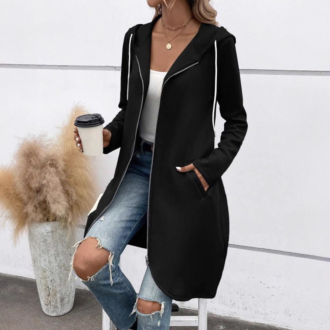 Personality Street Zip Hooded Long Velvet Lining Sweatshirt 