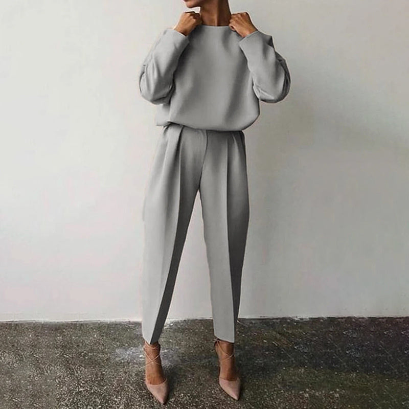 Women's Solid Color 2-Piece Set Round Neck Long Sleeve Top & Pleated Pants Loungewear For Spring & Fall CJ US