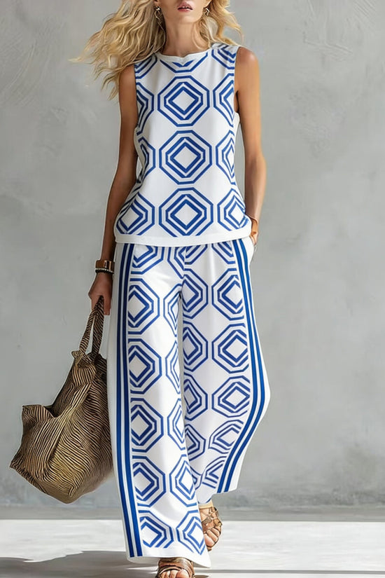 Women's Casual Sleeveless Printed Wide-Leg Pants Two-Piece Set 