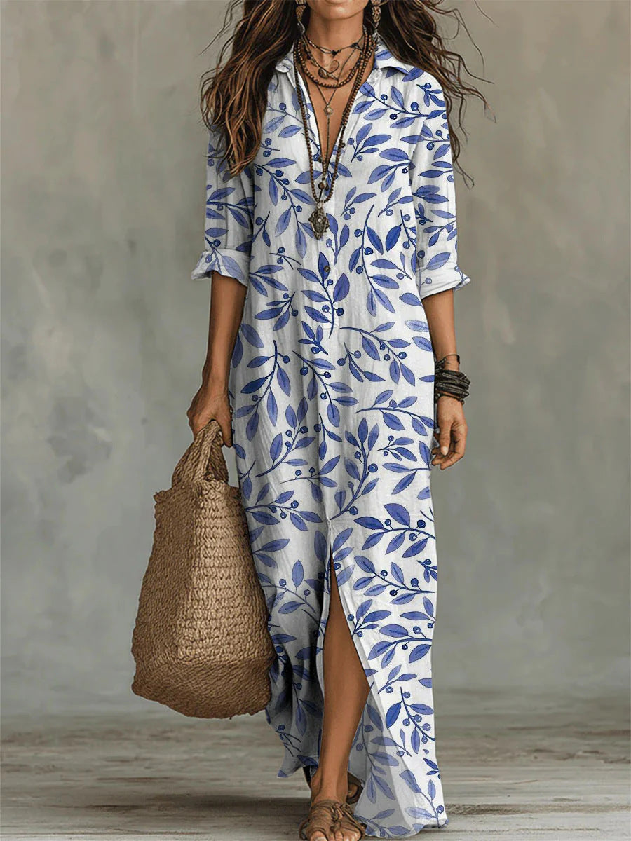 Casual Lapel-Neck Long Digital-Print Womens Shirt Dress 
