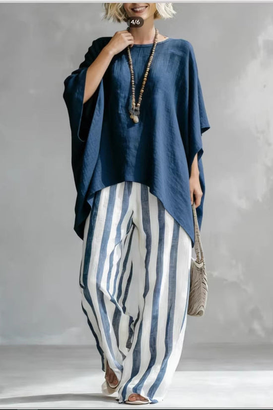 New Striped Batwing-Sleeve Loose Cotton-Linen Two-Piece Set 