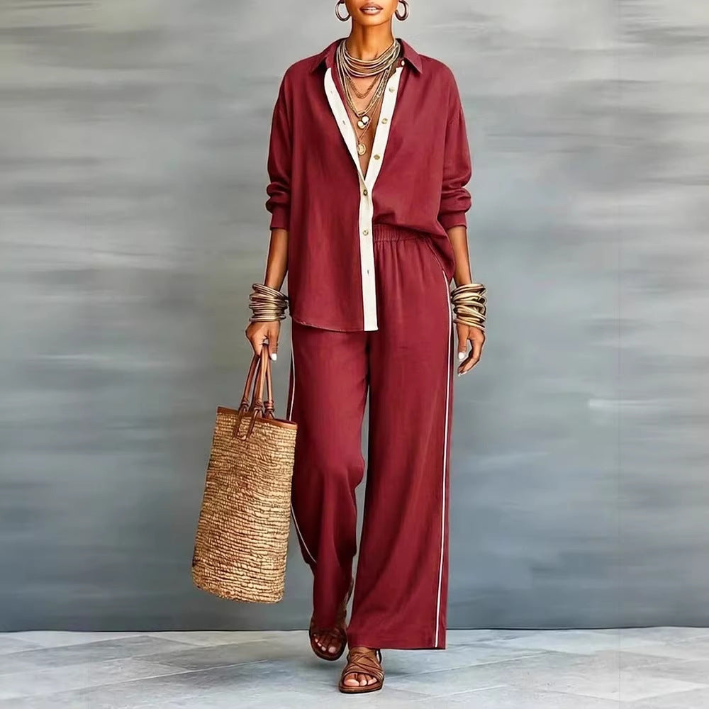 Contrast-color Casual Solid-color Loose Pants Two-piece Set 