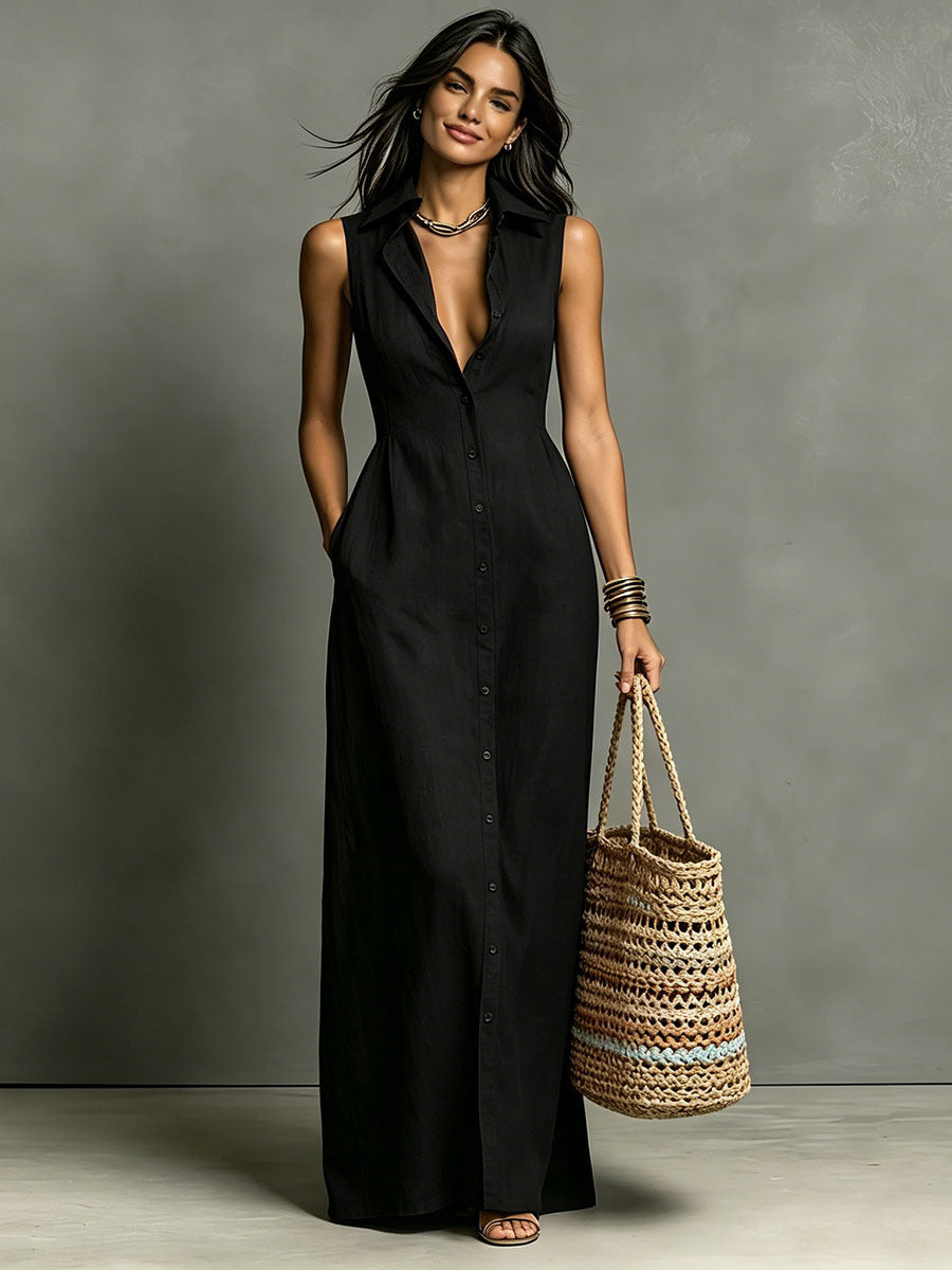 Women's Stand-Collar A-Line Maxi Dress – Resort & Vacation Style 