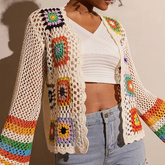 Women's Elegant Crochet Cardigan - Long Sleeve Open Front Vibrant Color Block Coat CJ
