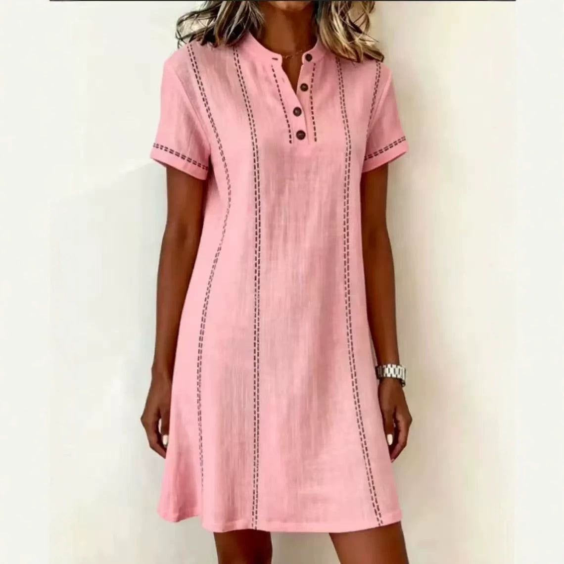 Loose-fitting Casual Printed Button-up Stand-collar Dress 