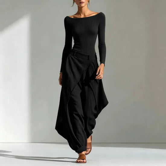Women's Off-Shoulder Slim Top & Draped Wide Leg Pants Two-Piece Set 