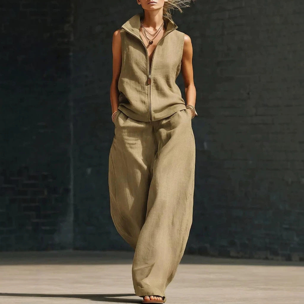 Sleeveless Stand Collar Zippered Linen Cotton Two-Piece Set 