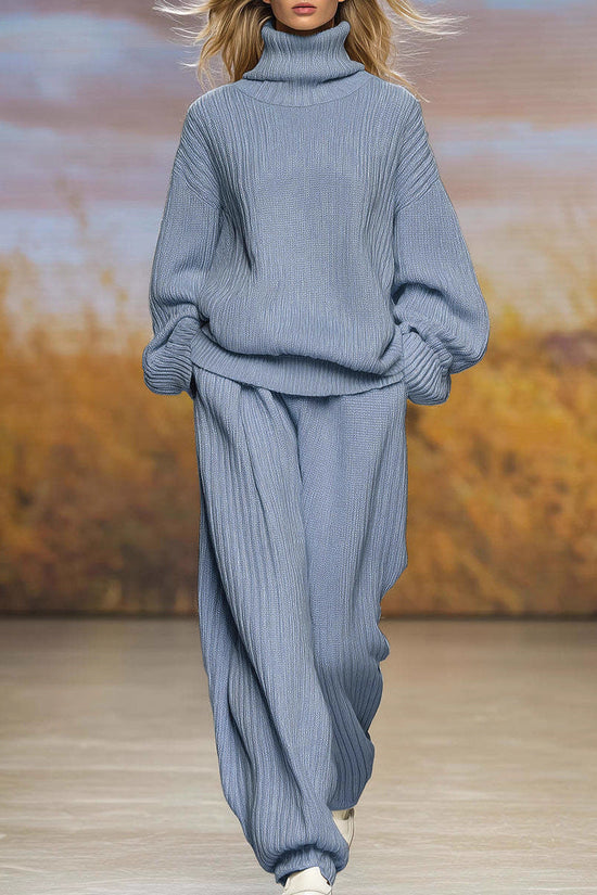 Casual Knit Loose High Neck Wide Leg Pants Set 