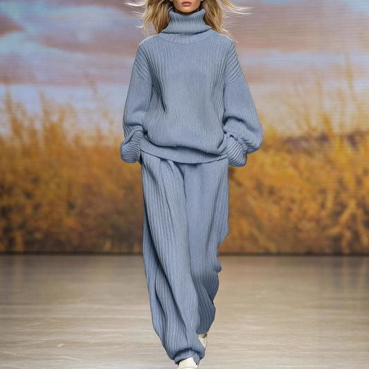 Casual Knit Loose High Neck Wide Leg Pants Set 