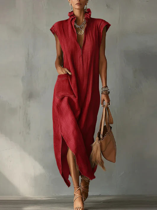 Women's Cotton-Linen Sleeveless Solid-Color Dress 