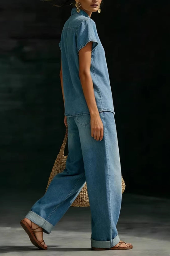 Solid-color Short-sleeve Casual Loose-fit Faux Denim Two-piece Set 
